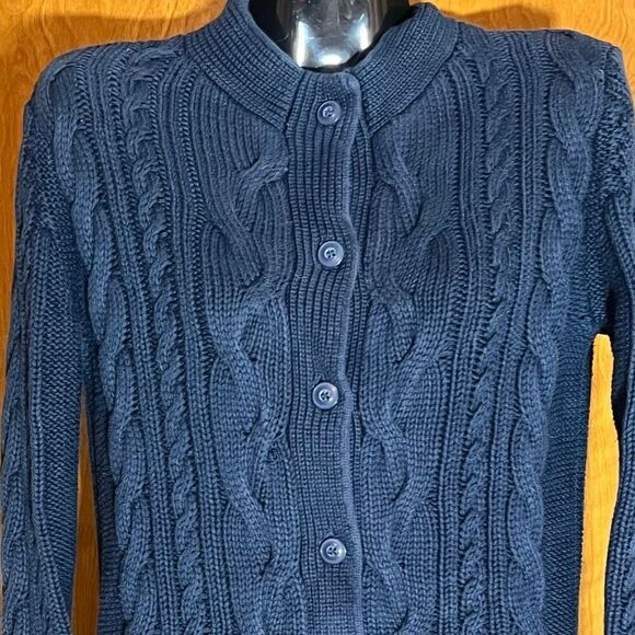 L.L Bean Woman’s Blue Cable Knit Button Front Long Sleeve Nautical Sweater S - Picture 3 of 8